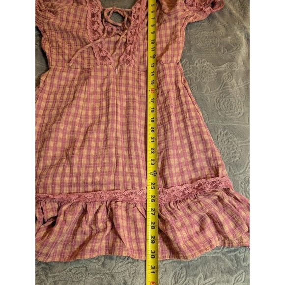 Westfade Pink Plaid V Neck Short Puff Sleeve Back Cut Out Mini Dress Small - Picture 9 of 9